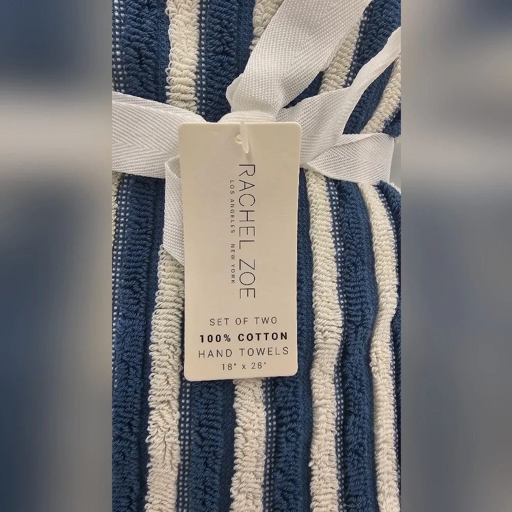Rachel Zoe 2 Piece 100% Cotton Hand Towel Set Blue White Striped OEKO TEX